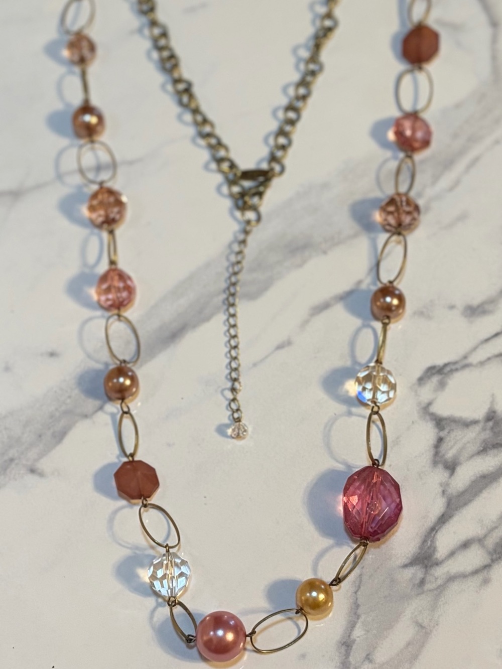 New York & Company Pink and Gold Bead Link Necklace